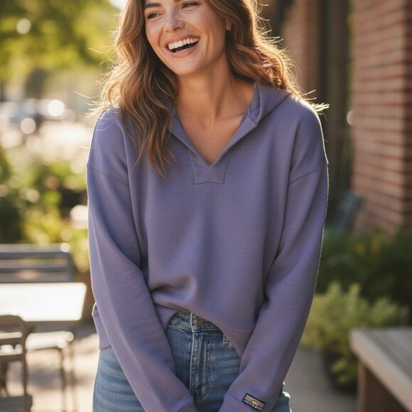 Women's Solid French Terry Boxy Pullover Hoodie - Picture 1 of 7